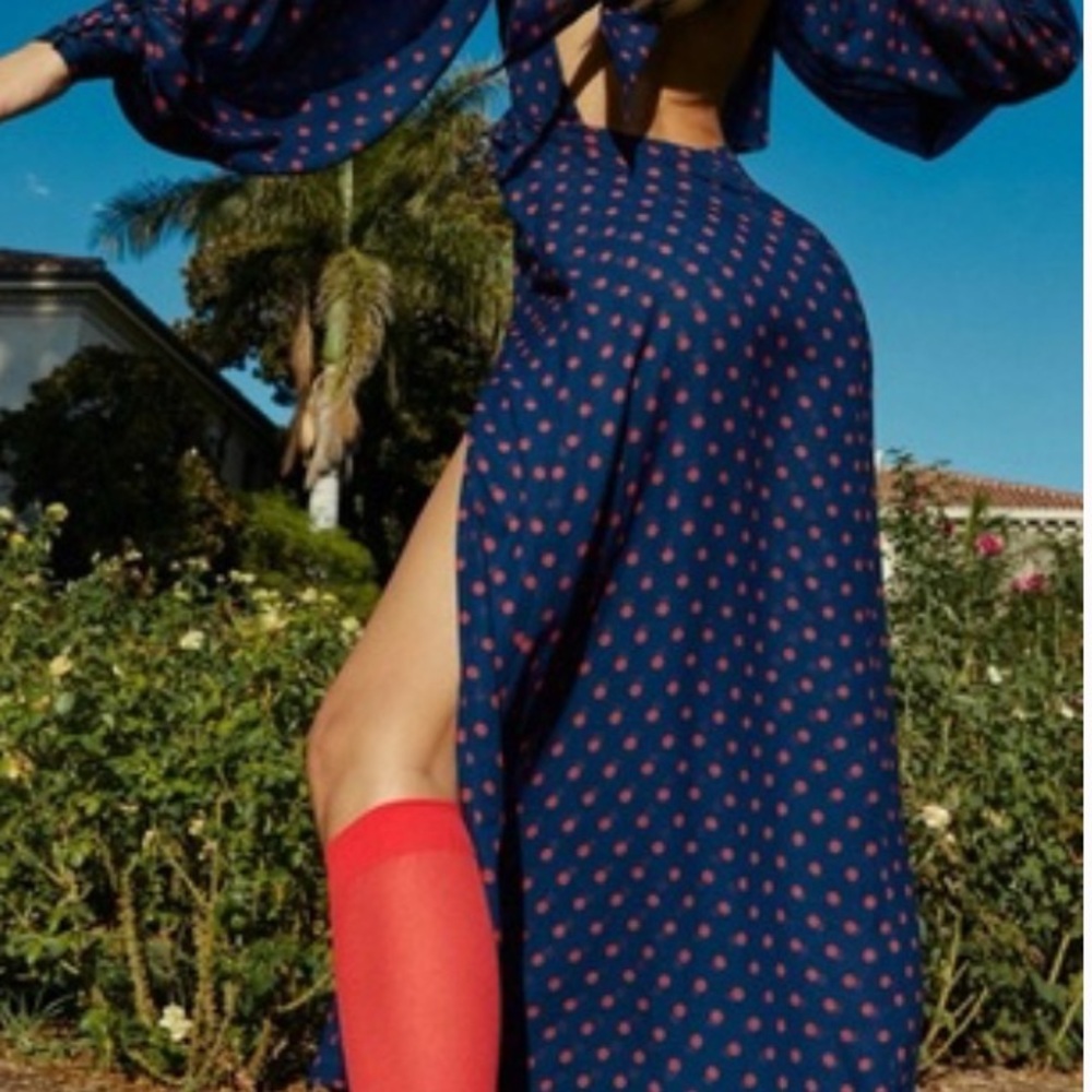 For Love And Lemons Navy Blue Dress with Red Polka Dots - Picture 2 of 9